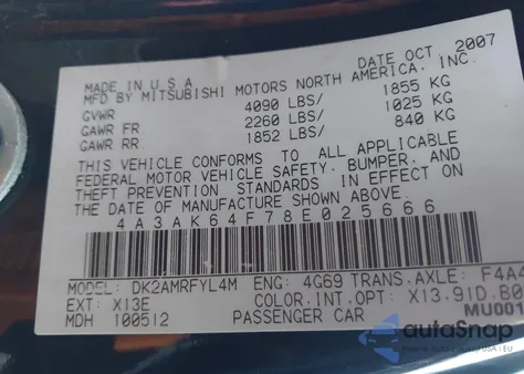 2008 Mitsubishi Eclipse Gs/Se z USA, uszkodzony, nr VIN 4A3AK64F78E025666